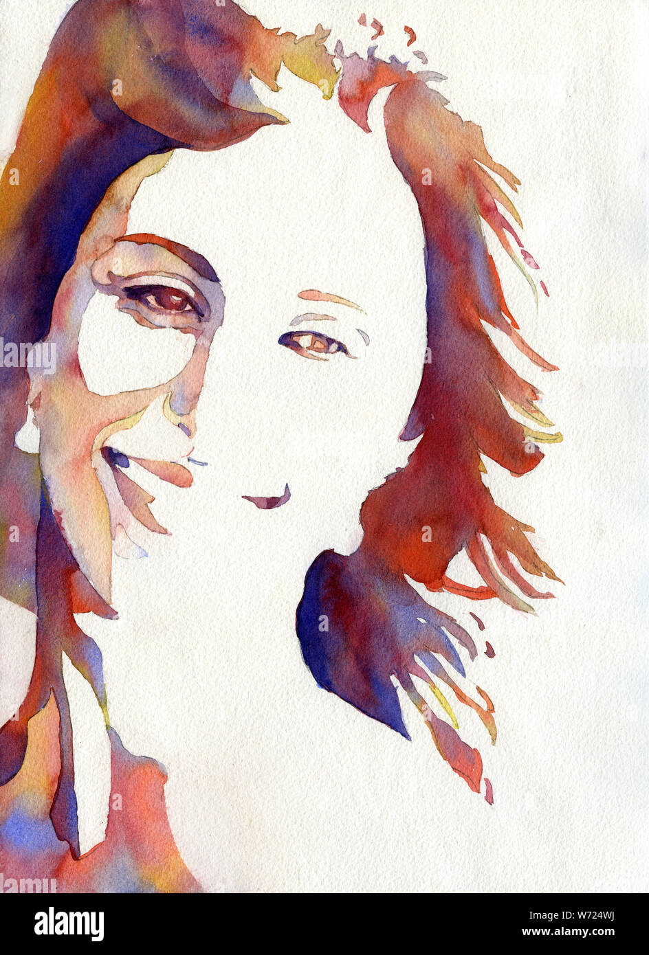 Woman Smiling. Fine Art Watercolor Of Woman Smiling. Fashion Illustration Home Decor People Watercolor Stock Photo - Alamy