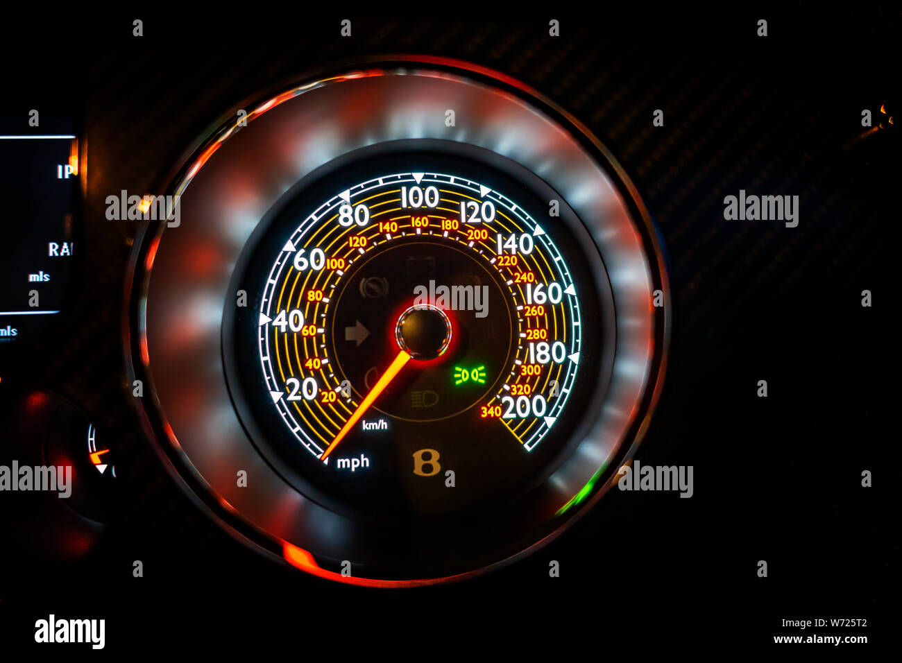 Illuminated speedometer of a Bentley Continental GTC Supersport car interior Stock Photo