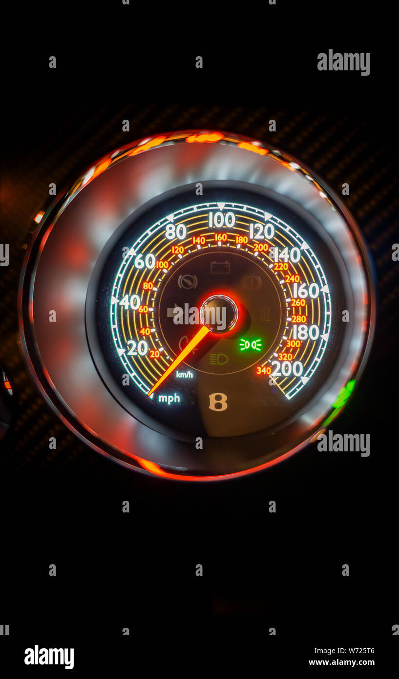 Illuminated speedometer of a Bentley Continental GTC Supersport car interior Stock Photo