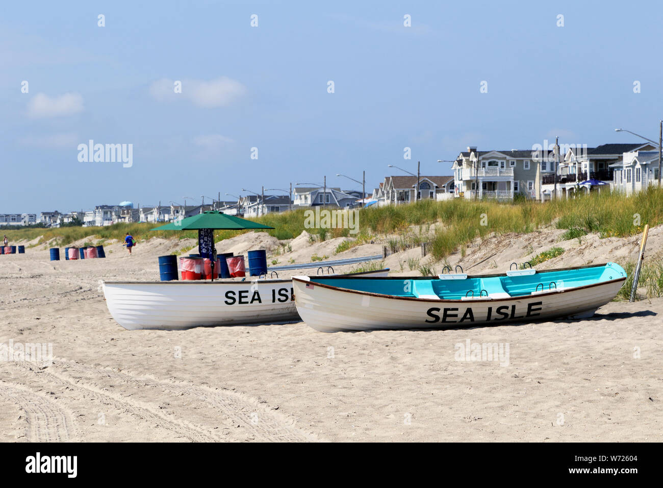 Lifeboats on the beach in Sea Isle City, New Jersey, USA Stock Photo