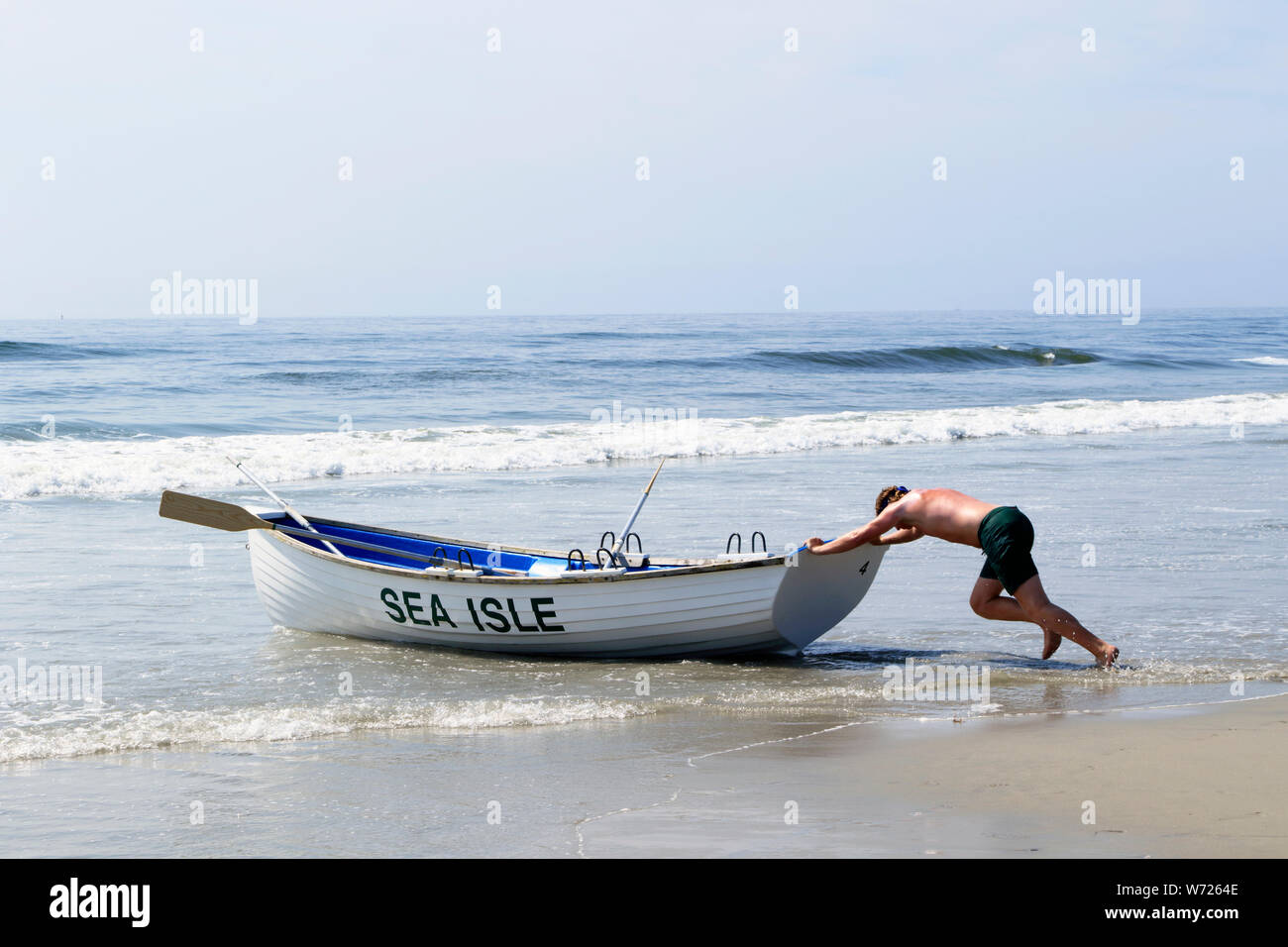 A lifeguard in a lifeboat in Sea Isle City, New Jersey, USA Stock Photo