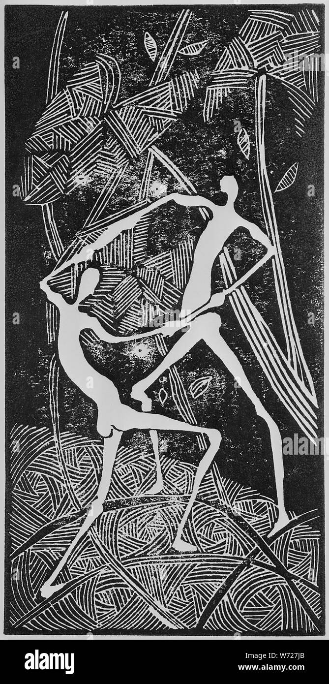 Eketete and Erbeybuye; Scope and content:  Linocut illustrating a fight between the two laziest creatures in Benin legend. General notes:  Linocut Stock Photo