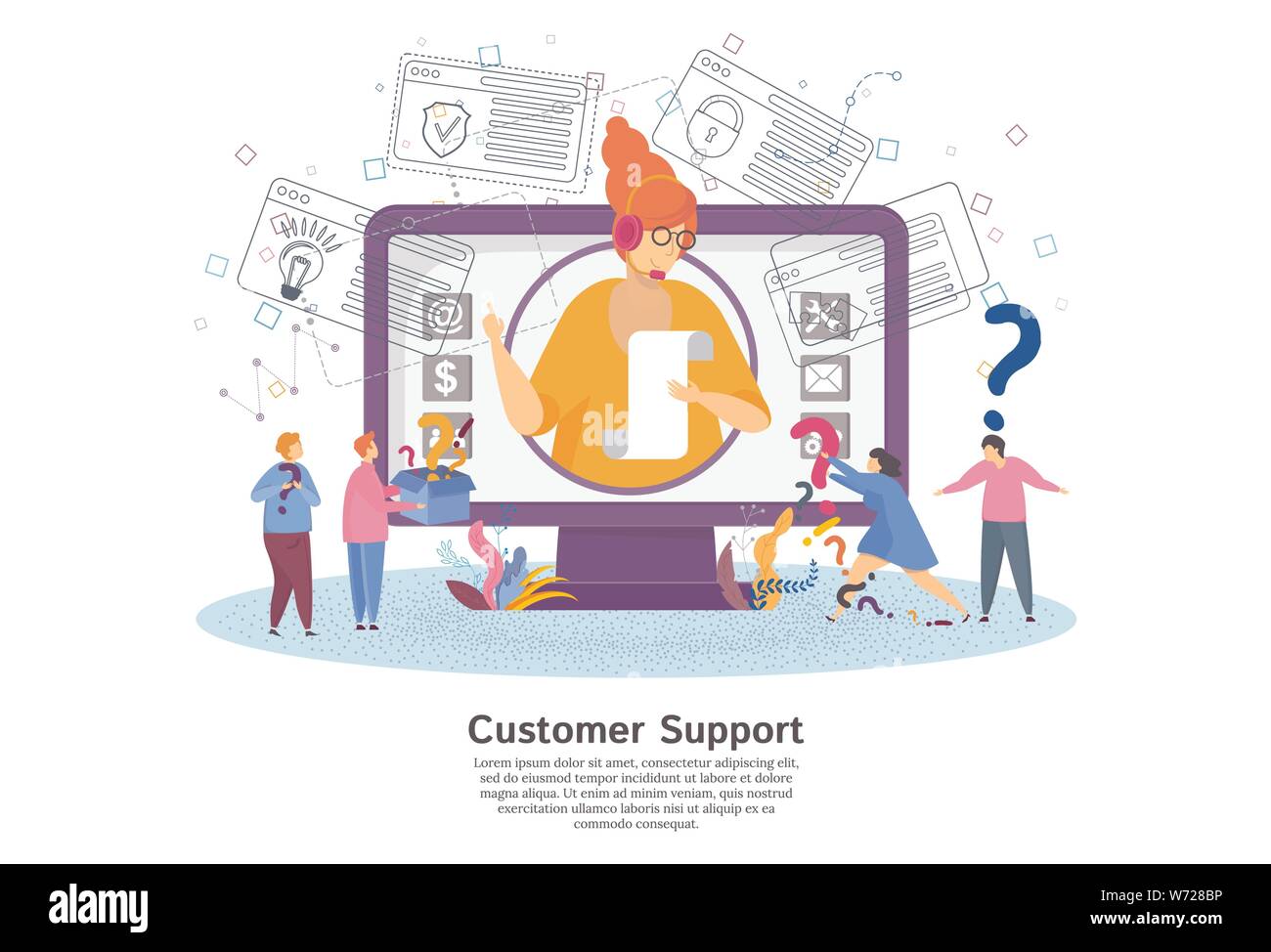 Hotline operator advises client. Online global technical support. Stock Vector