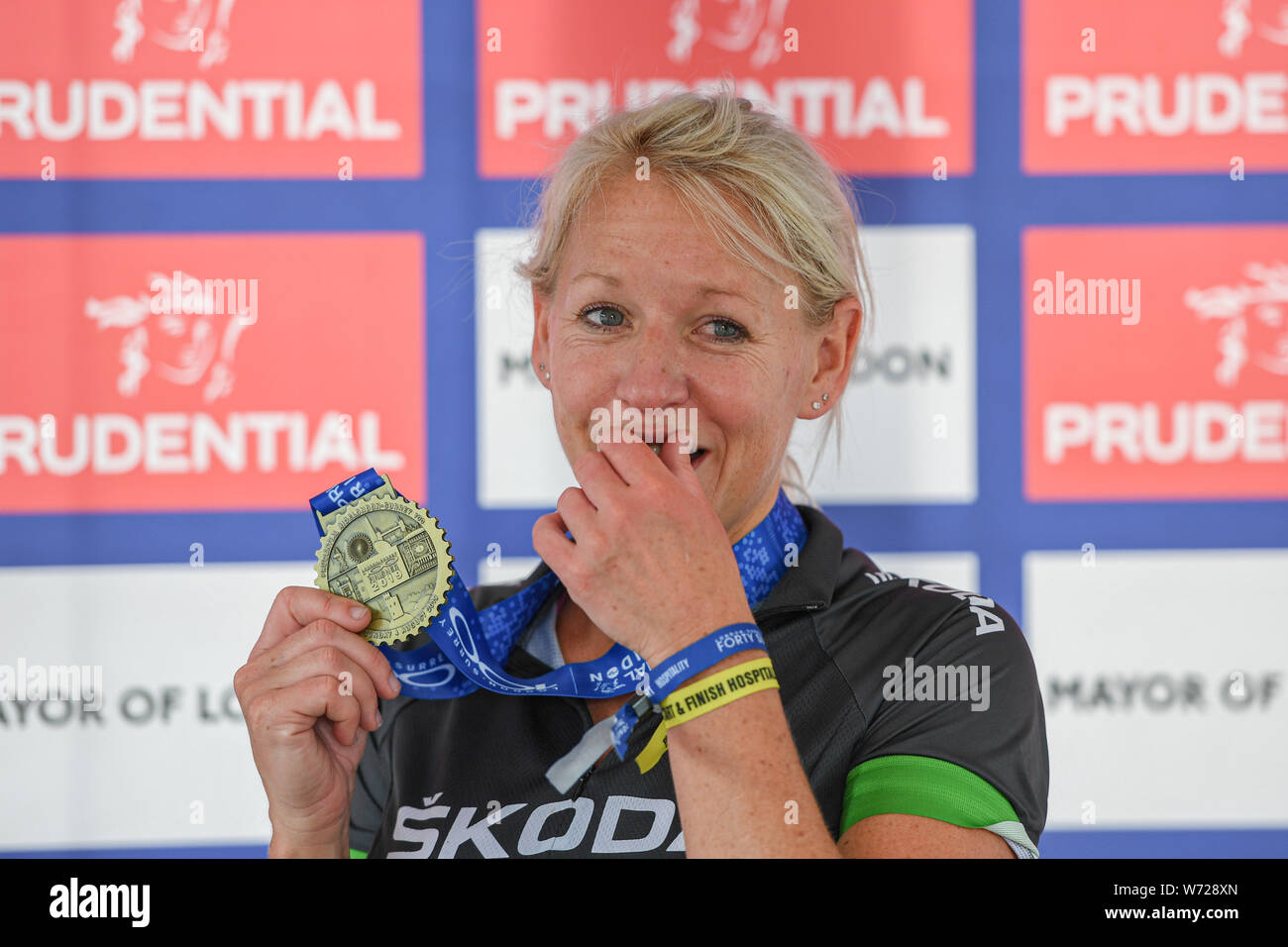 London, UK. 04th Aug, 2019. Gail Elizabeth Emms MBE - former English badminton player gives Prudential TV interviews after finished her 75 mile Challenge during Prudential RideLondon at The Mall on Sunday, August 04, 2019 in LONDON United Kingdom. Credit: Taka G Wu/Alamy Live News Stock Photo