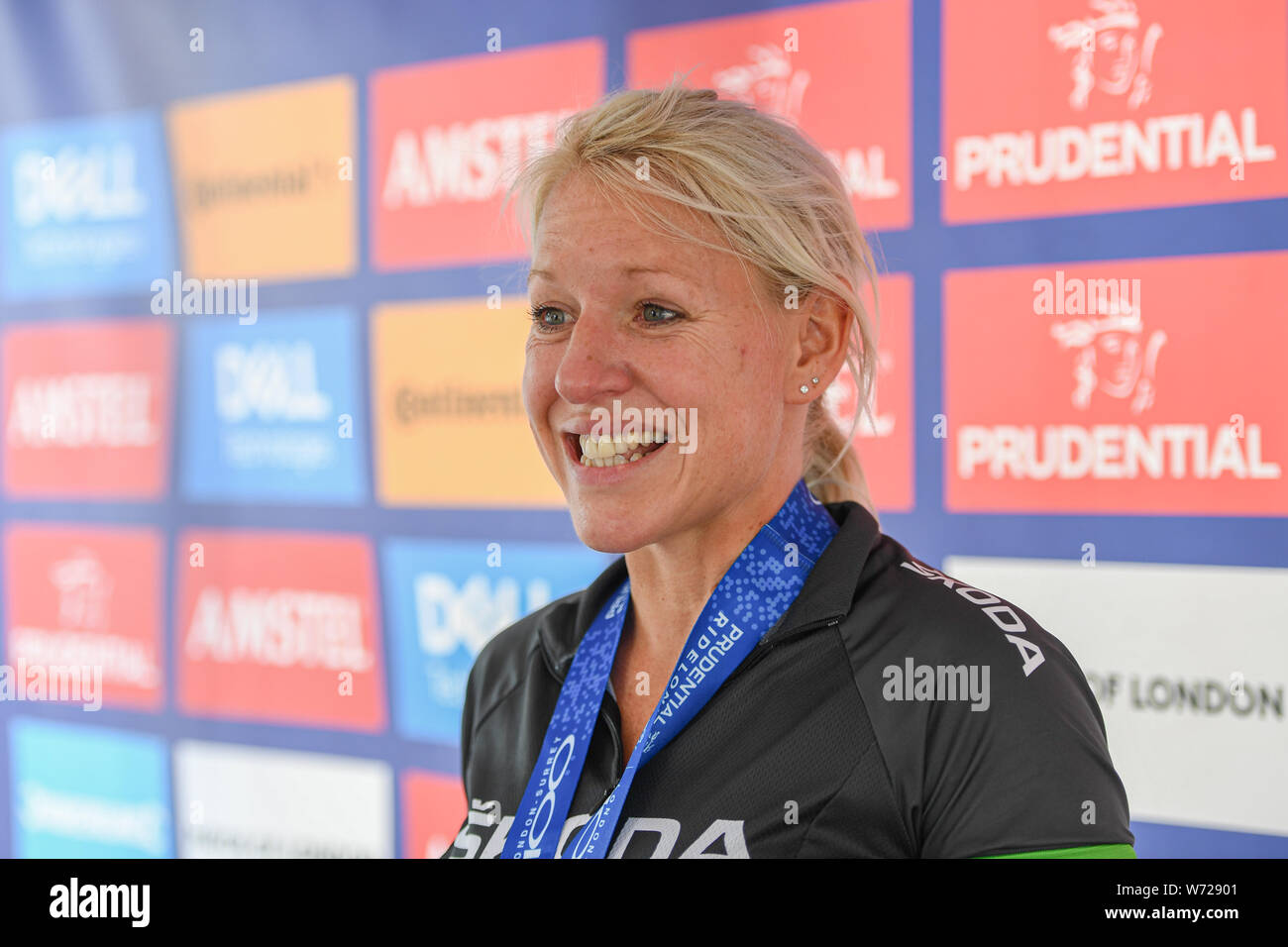 London, UK. 04th Aug, 2019. Gail Elizabeth Emms MBE - former English badminton player gives Prudential TV interviews after finished her 75 mile Challenge during Prudential RideLondon at The Mall on Sunday, August 04, 2019 in LONDON United Kingdom. Credit: Taka G Wu/Alamy Live News Stock Photo