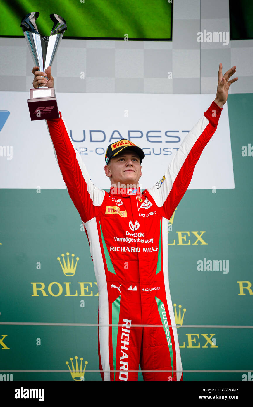Prema Racing’s German racing driver Mick Schumacher celebrates on