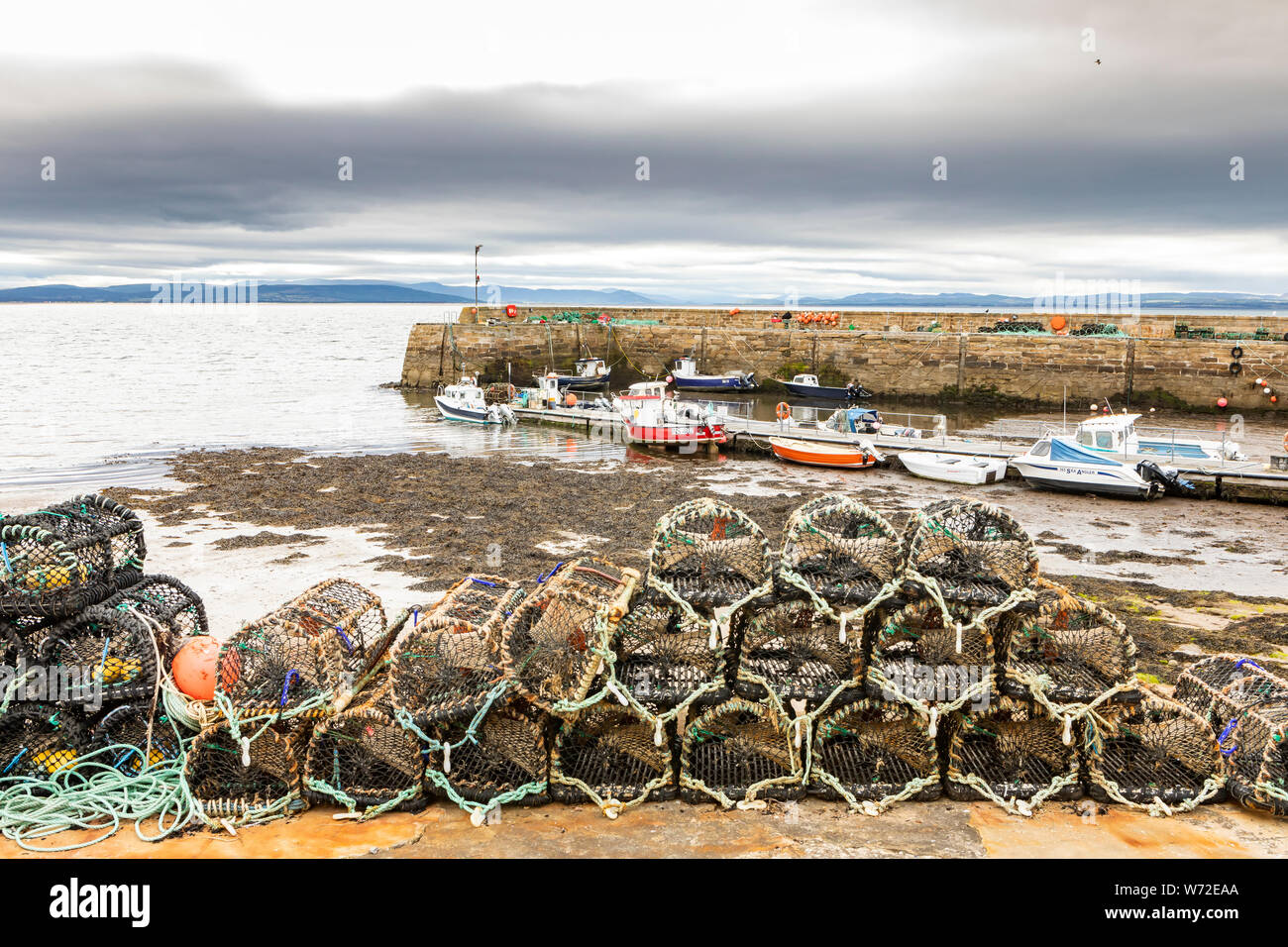 lobster trap and carb pot in the fishing village of Portmahomack Stock Photo