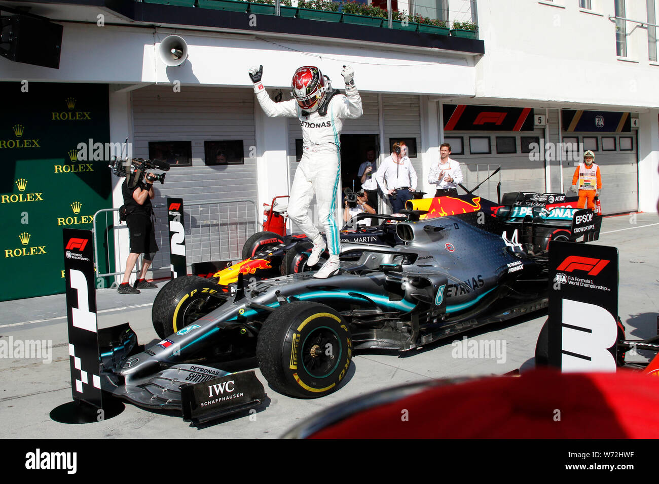 Budapest Hungary. 04th August 2019. Race winner Lewis Hamilton of Great Britain and Mercedes GP celebrates
