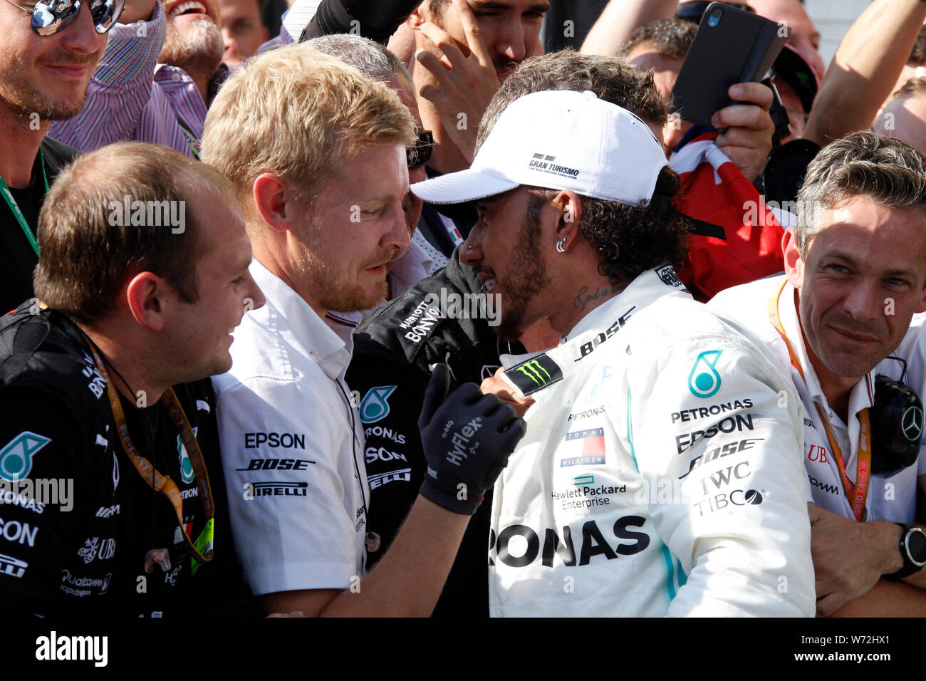 Budapest, Hungary. 04th August,2019.  Race winner Lewis Hamilton of Great Britain and Mercedes GP celebrates in parc ferme during the F1 Grand Prix of Hungary Credit: Marco Canoniero/Alamy Live News Stock Photo