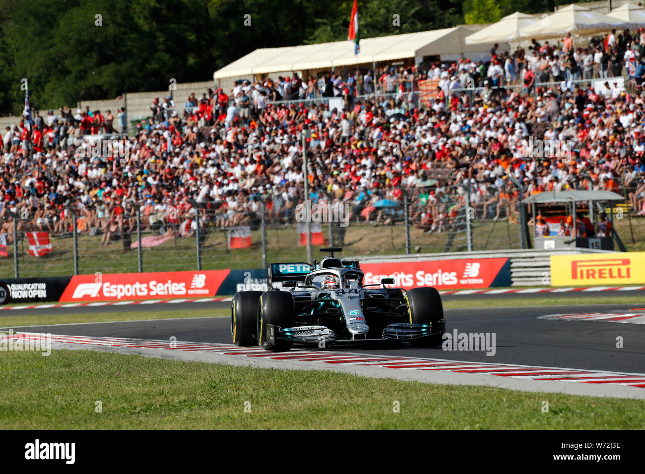 Budapest Hungary. 04th August 2019. Race winner Lewis Hamilton of Great Britain and Mercedes GP celebrates on the podium during the F1 Grand Prix of Hungary Credit Marco Canoniero Alamy Live News Stoc...