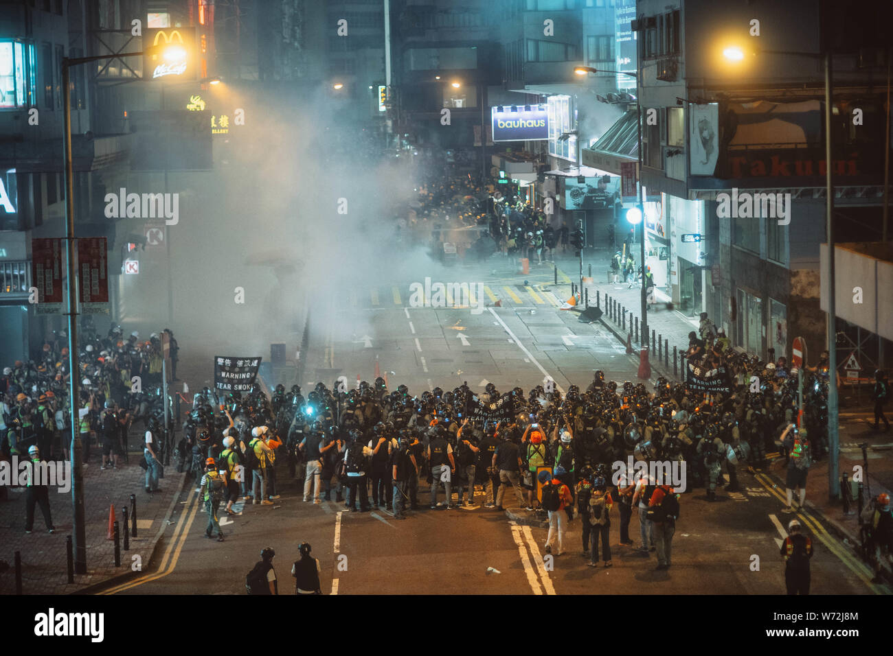 Hong Kong- 05 August 2019: Hong Kong police used tear gas bomb to dismiss protesters in Causeway Bay of Hong Kong. Stock Photo