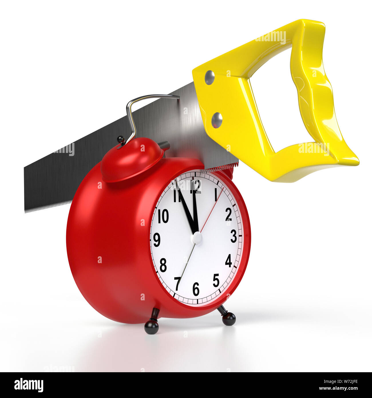 Hacksaw in an alarmclock, isolated on white background. 3D rendering