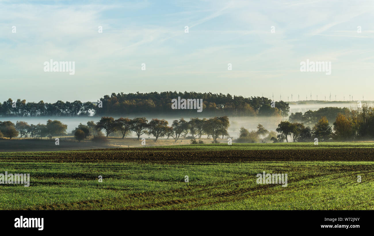autumn landscape with fog in the valley Stock Photo - Alamy