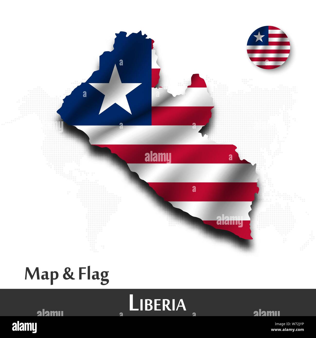 Liberia map and flag . Waving textile design . Dot world map background . Vector . Stock Vector