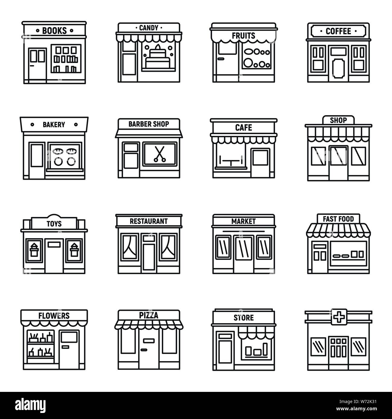 Local business store icons set. Outline set of local business store vector icons for web design isolated on white background Stock Vector