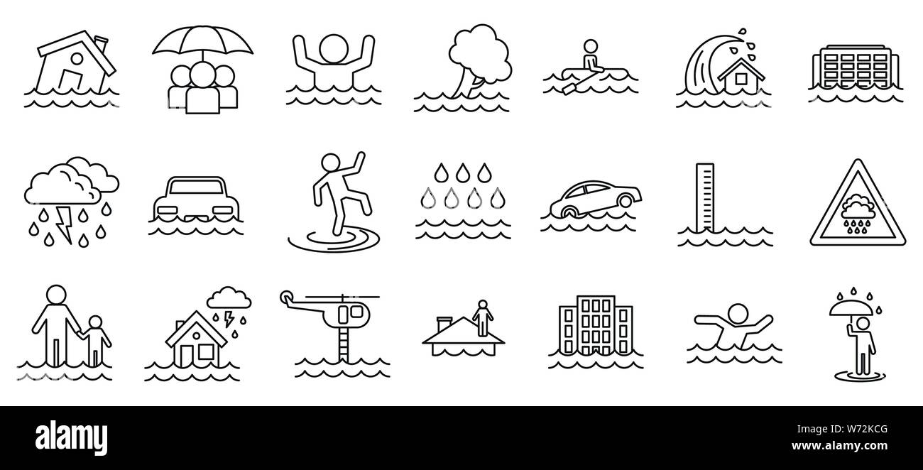 Flood cataclysm icons set. Outline set of flood cataclysm vector icons for web design isolated on white background Stock Vector