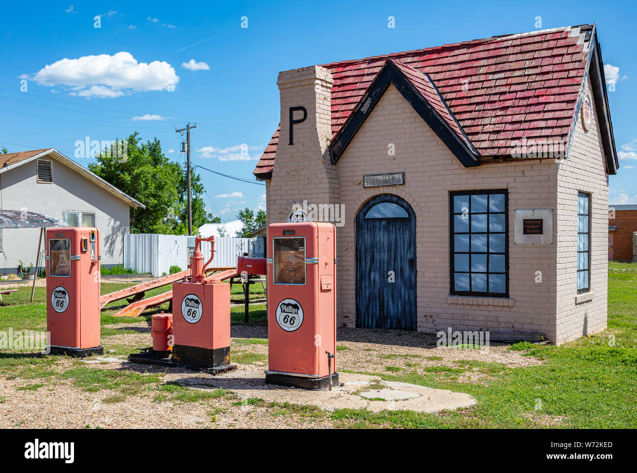 USA Texas, May 14th, 2019. Vintage restored fuel station, sunny spring day near Amarillo. Historic route 66 Stock Photo