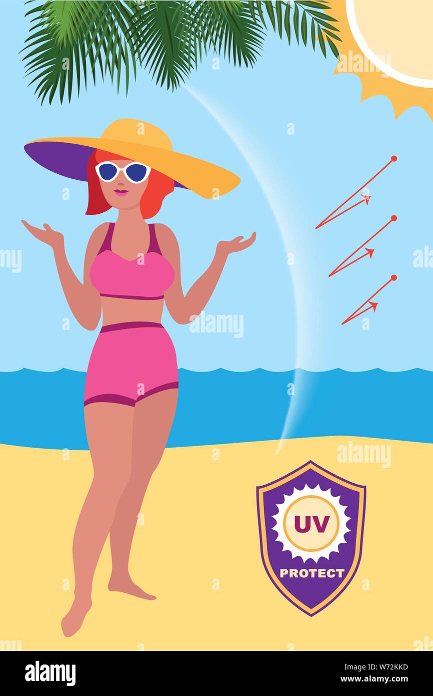 Woman sunscreen protect concept banner. Cartoon illustration of woman ...