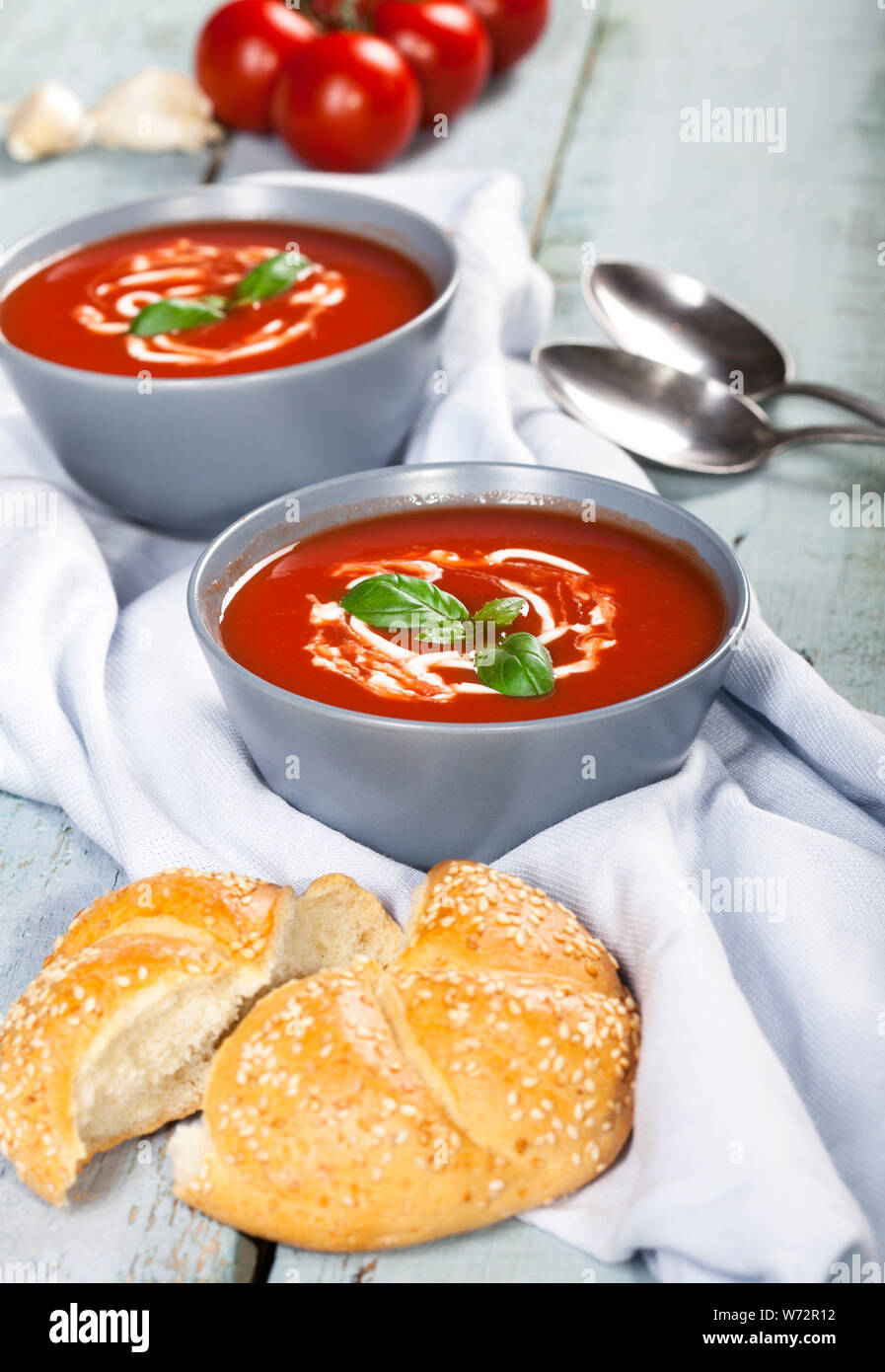 Traditional Spanish Cold Tomato Soup Gazpacho In A Bowl Over A Blue Wooden Background Stock Photo Alamy