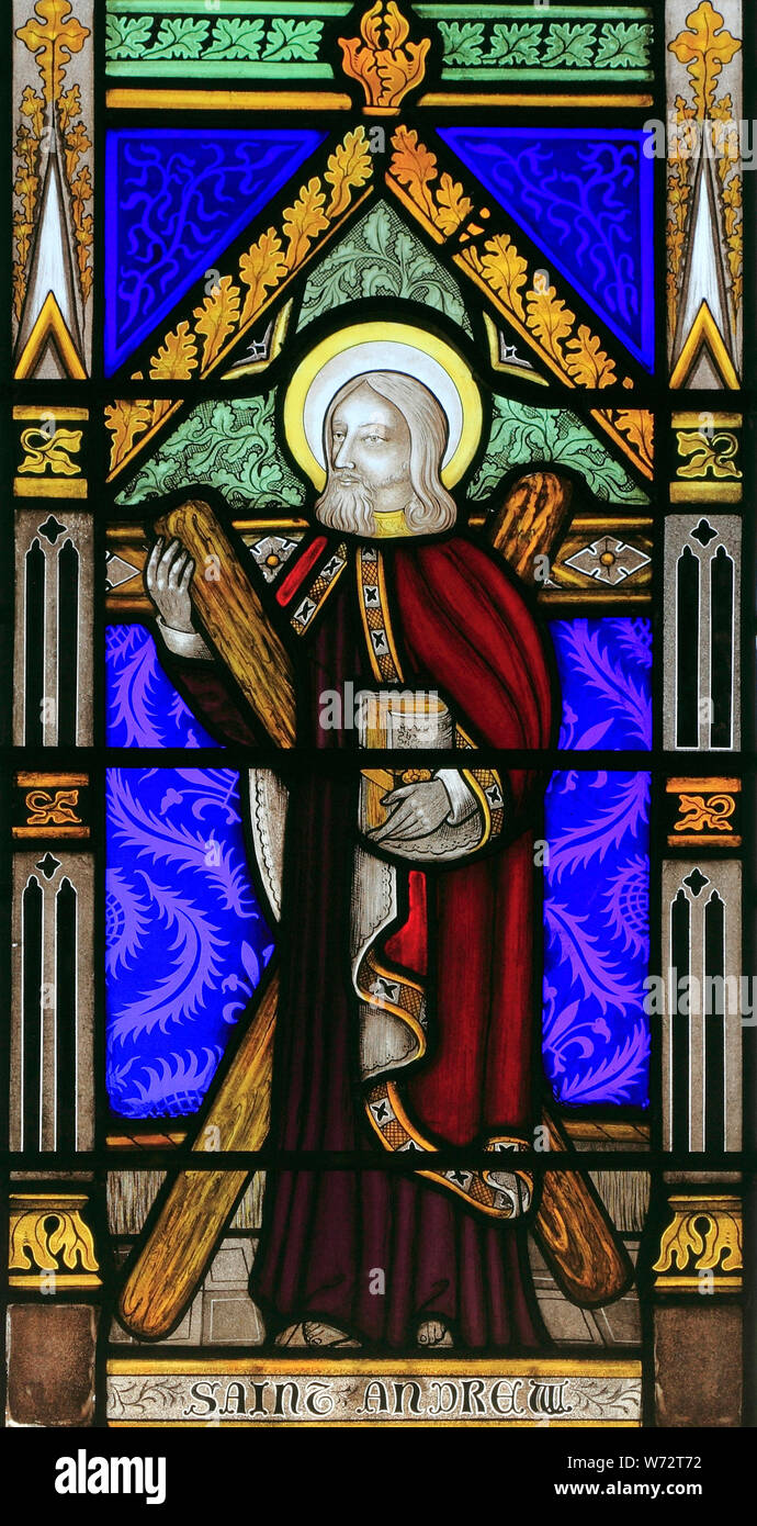 St. Andrew, with Saltire Cross, stained glass window, Patron Saint of Scotland, saints, by Joseph Grant of Costessey, 1856, Wighton, Norfolk Stock Photo