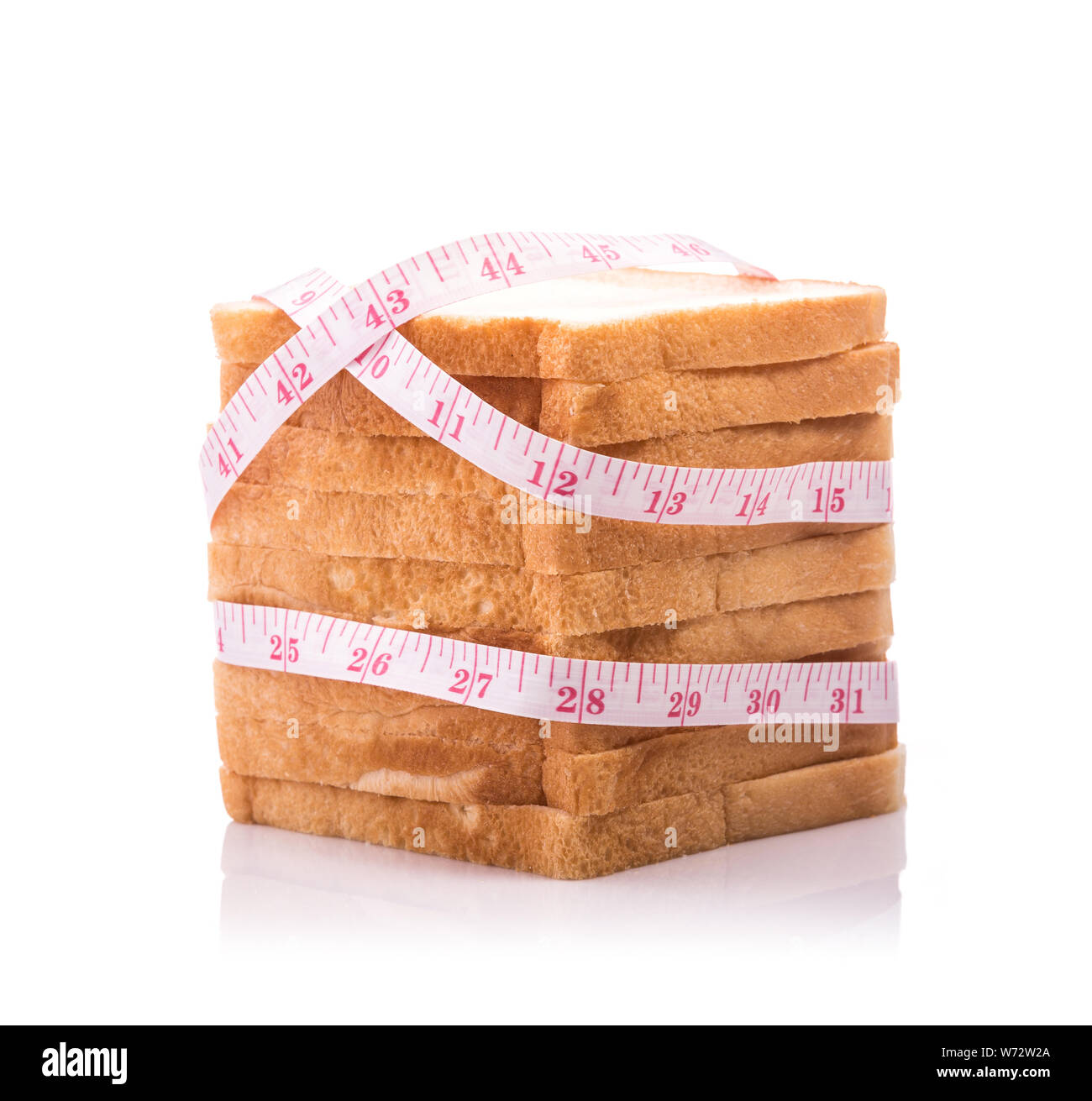 Stack of slices fresh white bread white measuring tape isolated on ...