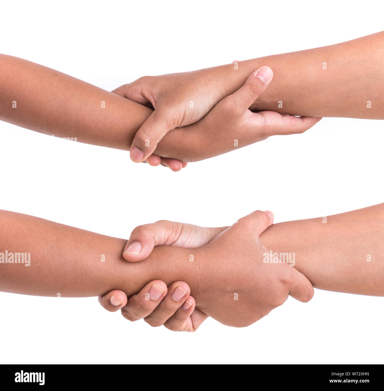 Two hands holding together. Help or support concept. Isolated on white background Stock Photo