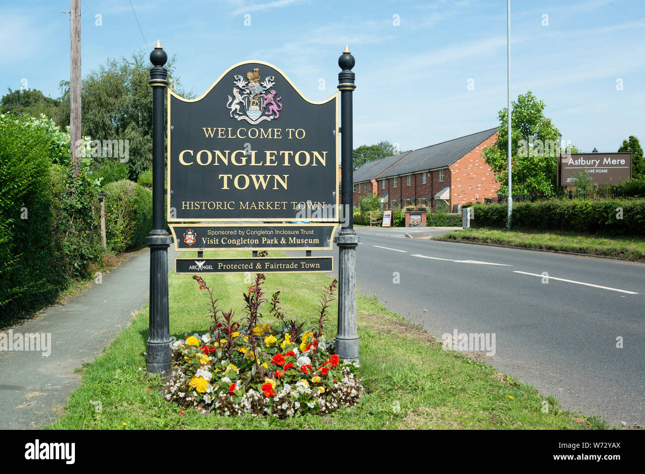 Signage welcoming people to the town of Congleton, Cheshire, UK. Stock Photo