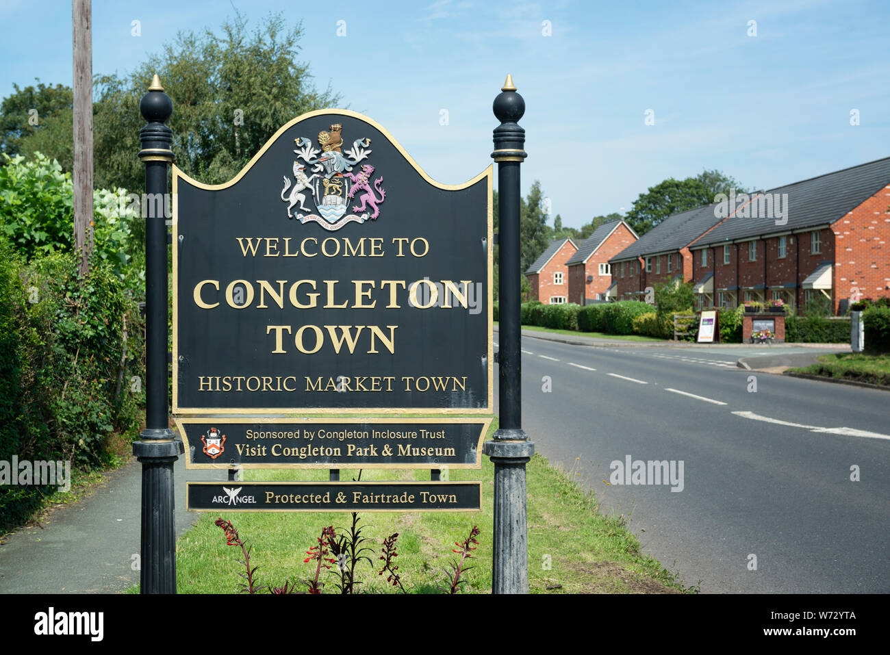 Signage welcoming people to the town of Congleton, Cheshire, UK. Stock Photo