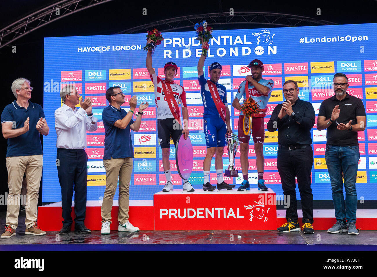 London UK. 4 August 2019. Elia Viviani of Deceuninck Quick Step