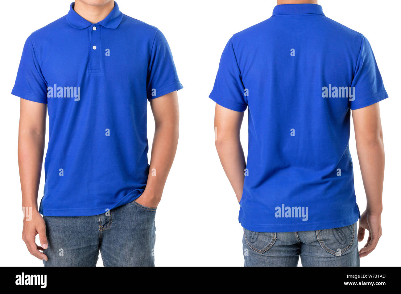 Young Asian man wear blank of blue polo t-shirt. Studio shooting and isolated on white background Stock Photo