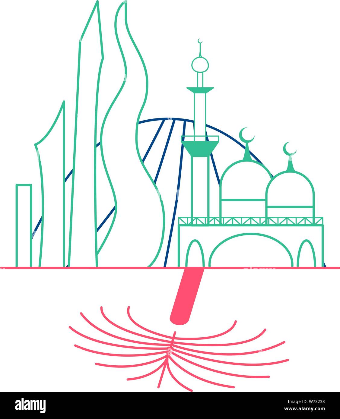 Outline icons style Dubai cityscape on a white background. Vector illustration in blue and red color Stock Vector