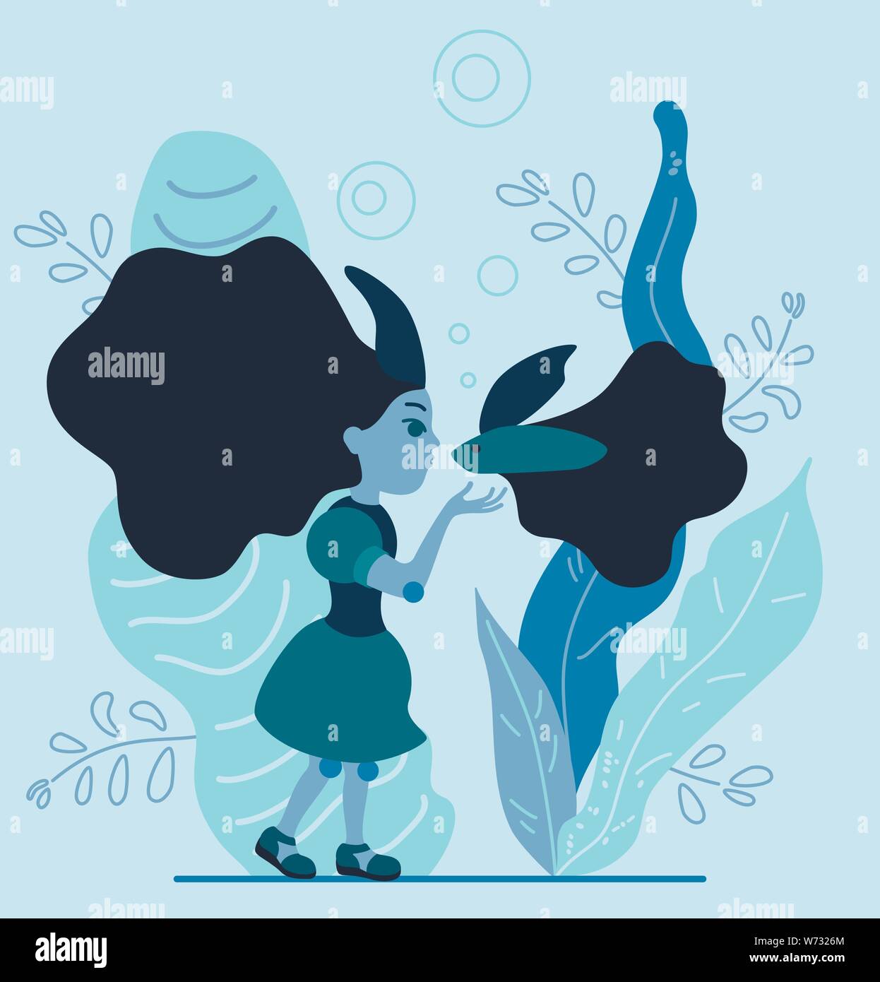 Vector flat style illustration. A girl under water with long wavy hair meets a fish. Sea floor in algae and with bubbles. Stock Vector