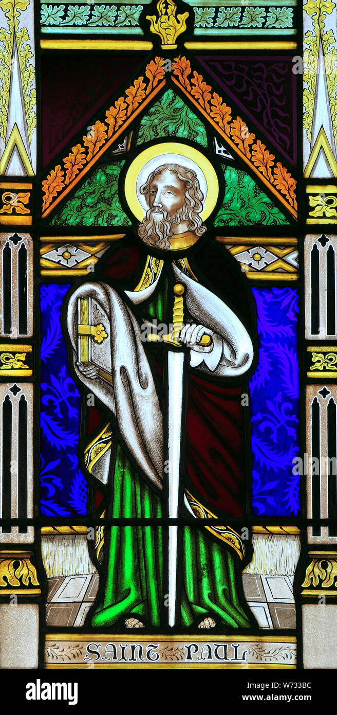 St. Paul, with Sword, stained glass window by Joseph Grant of Costessey, 1856, Wighton, Norfolk Stock Photo