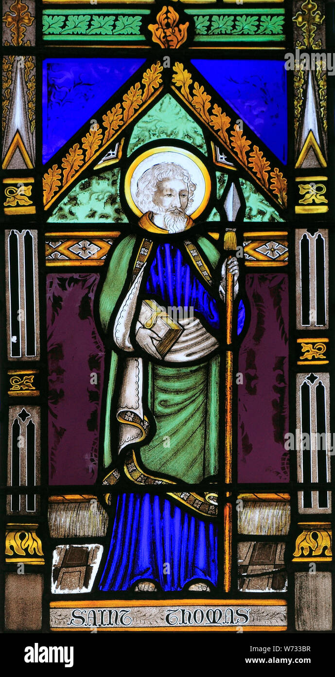 St. Thomas, with spear, stained glass window by Joseph Grant of Costessey, 1856, Wighton, saint, saints, Norfolk, England, UK Stock Photo