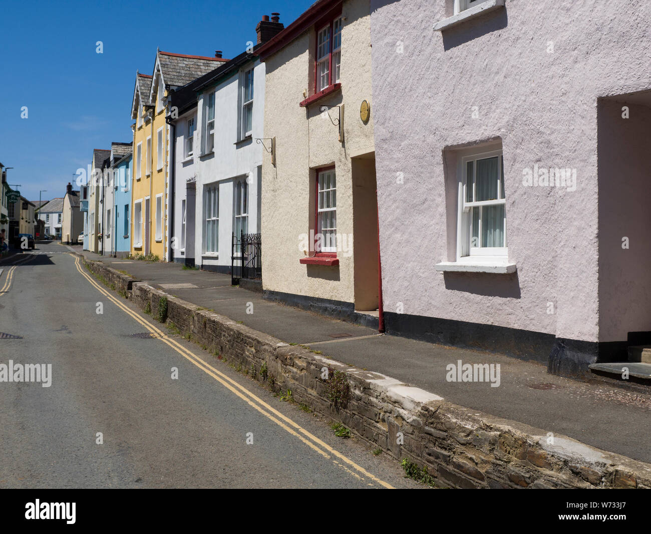 Colourful roadside houses in the village of Hartland, Devon, UK Stock