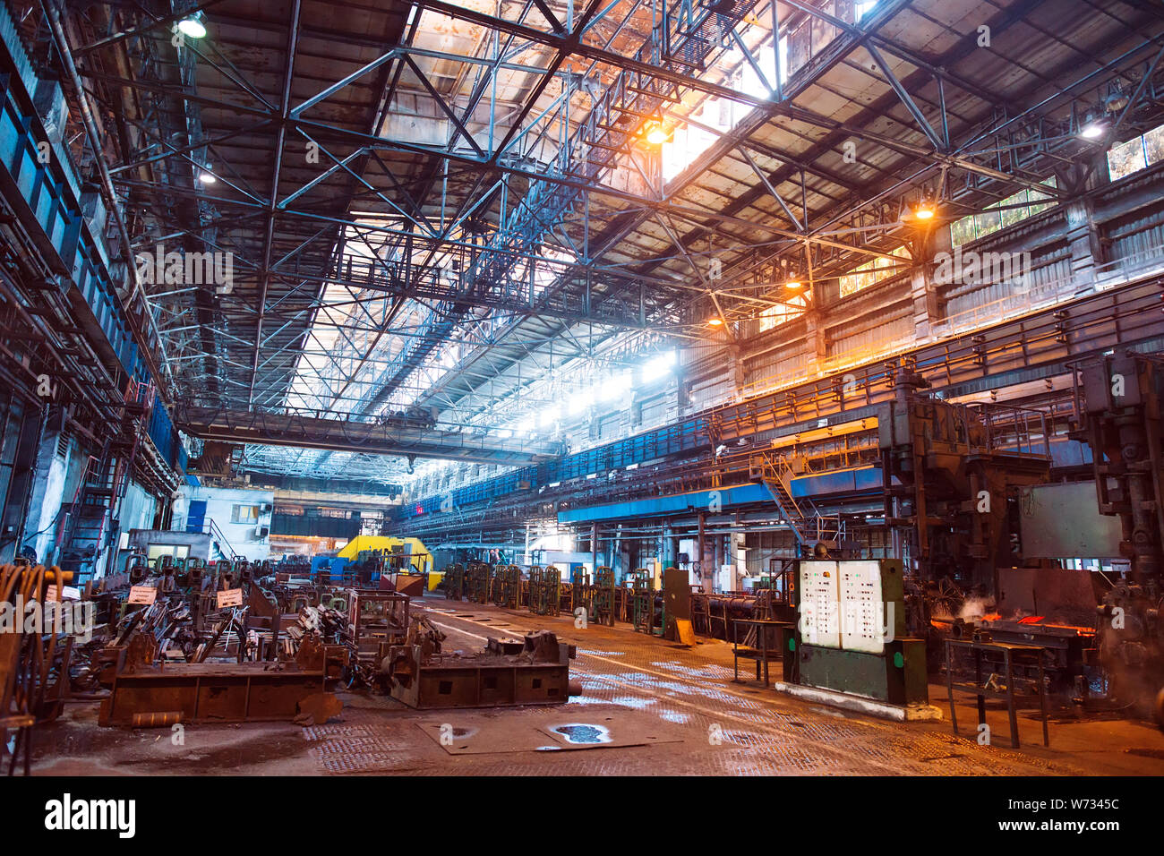 hot steel on conveyor in steel mill, Metallurgical industry. Stock Photo