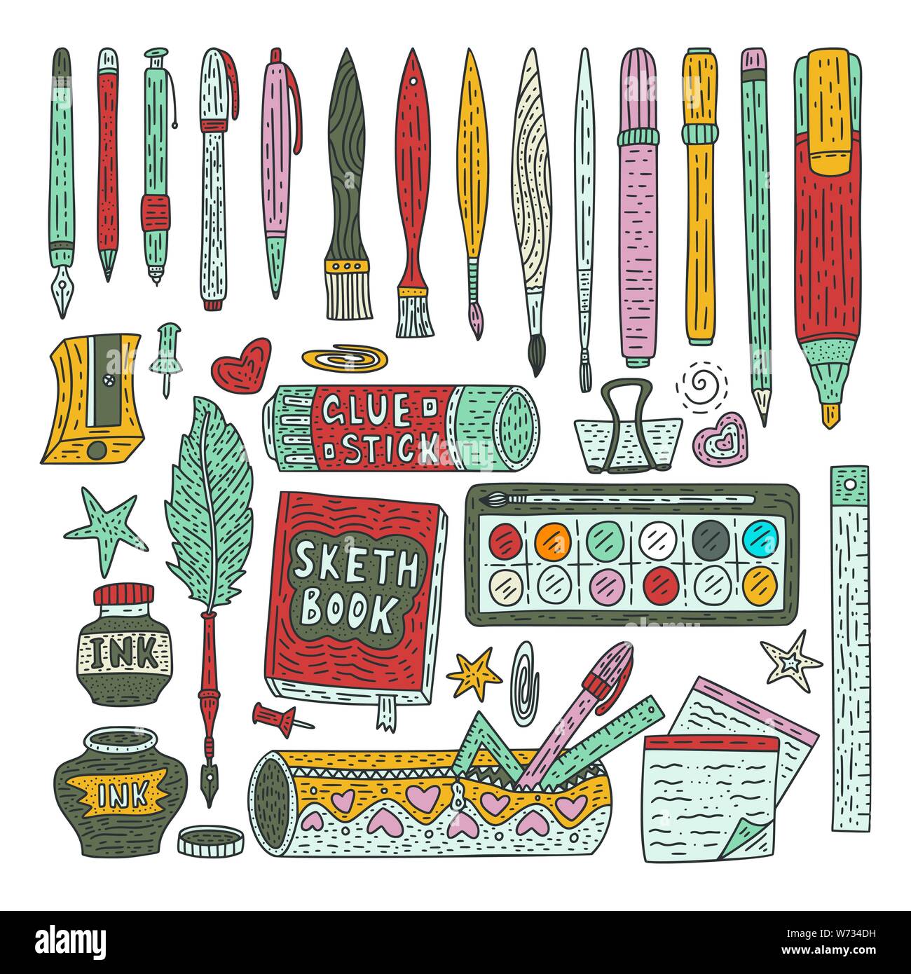 Drawing accessories color vector set. Doodle color drawing supplies for