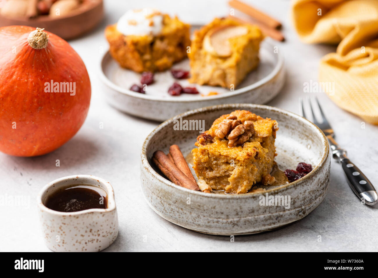 Breakfast Oat Pumpkin Cake With Maple Syrup, Walnuts, Cinnamon. Healthy