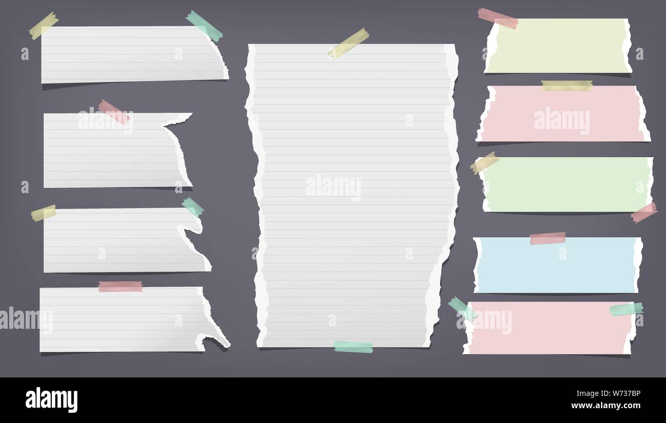 White colorful ripped, torn note, notebook paper strips, stuck with ...