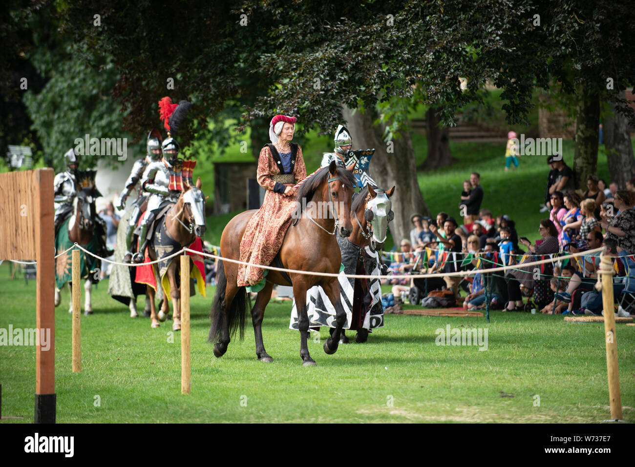 Grand Medieval Joust in the grounds of  Lincoln, UK castle on 3rd August 2019  – the Knights take part in the sport of Kings Stock Photo