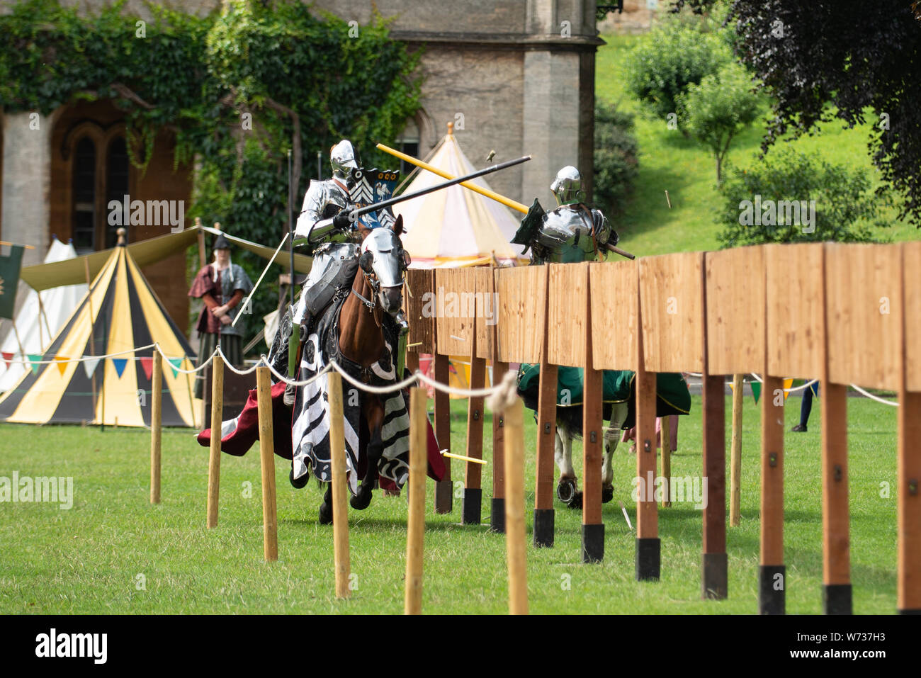 Grand Medieval Joust in the grounds of  Lincoln, UK castle on 3rd August 2019  – the Knights take part in the sport of Kings Stock Photo
