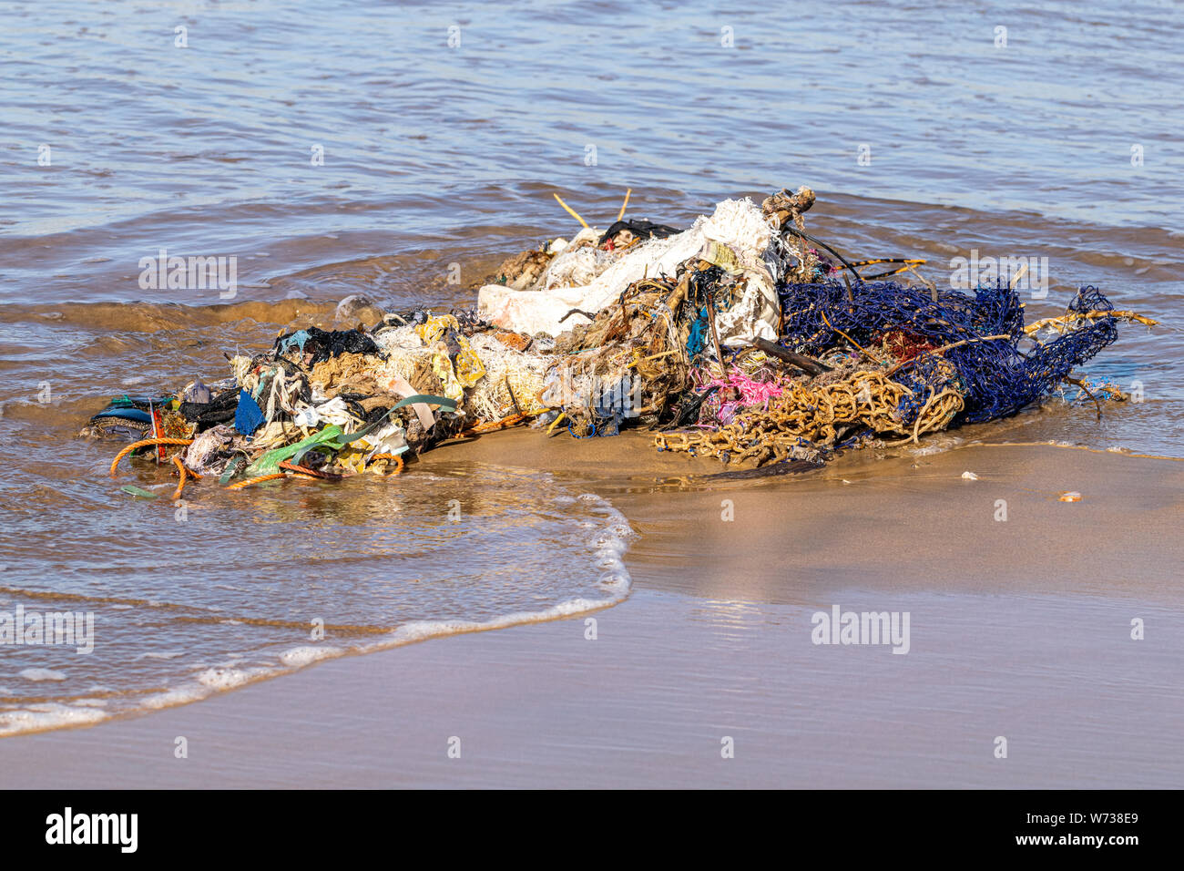 Fishing nets and pollution rubbish washed up from the Atlantic Ocean