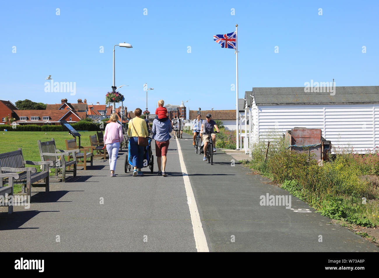 Part of the 160 mile Saxon Shore Way, a footpath and cycle way, here going past Walmer towards Deal, in east Kent, UK Stock Photo