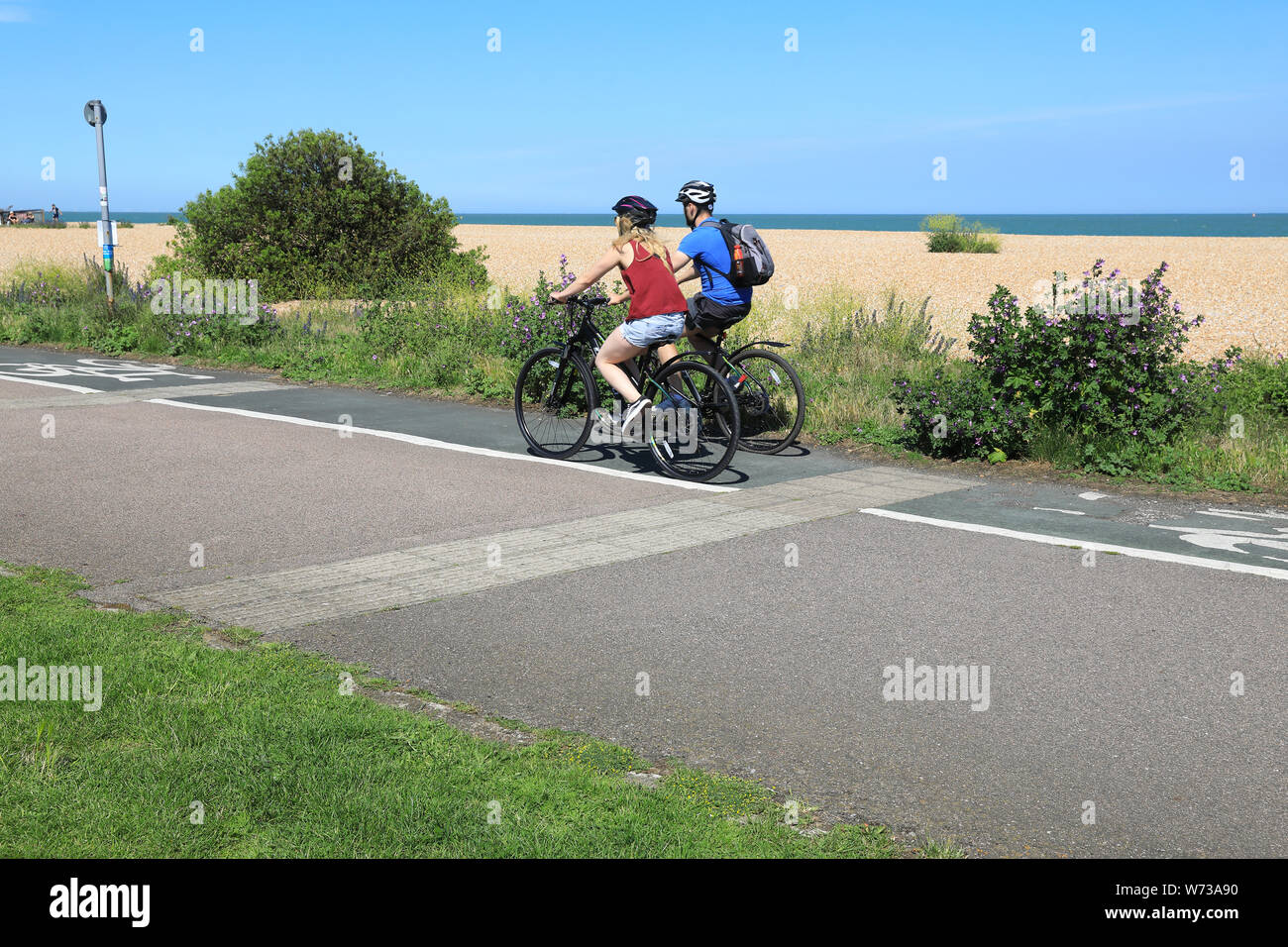 Part of the 160 mile Saxon Shore Way, a footpath and cycle way, here going past Walmer towards Deal, in east Kent, UK Stock Photo
