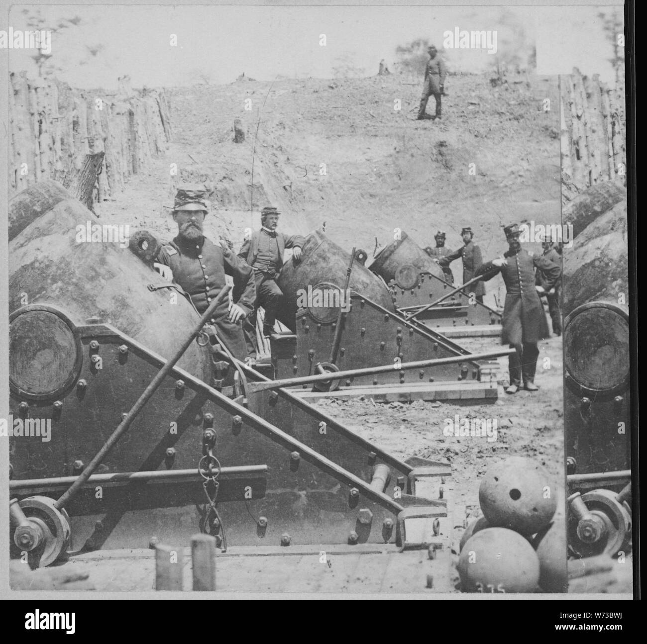 The Siege of Yorktown, Virginia. Immense batteries of enormous guns and mortars were planted all along the line by the First Connecticut Heavy Artillery. This is a battery of 13-inch sea-coast mortars. April 1862. Stereo., 04/1862; General notes:  Use War and Conflict Number 165 when ordering a reproduction or requesting information about this image. Stock Photo