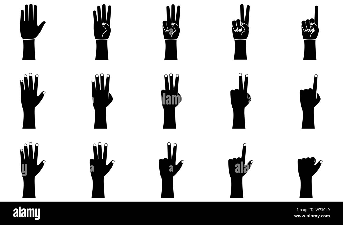 Hand gestures icons set in glyph style. Palm and wrist. One, two, three, four, five fingers vector illustration on a white background Stock Vector
