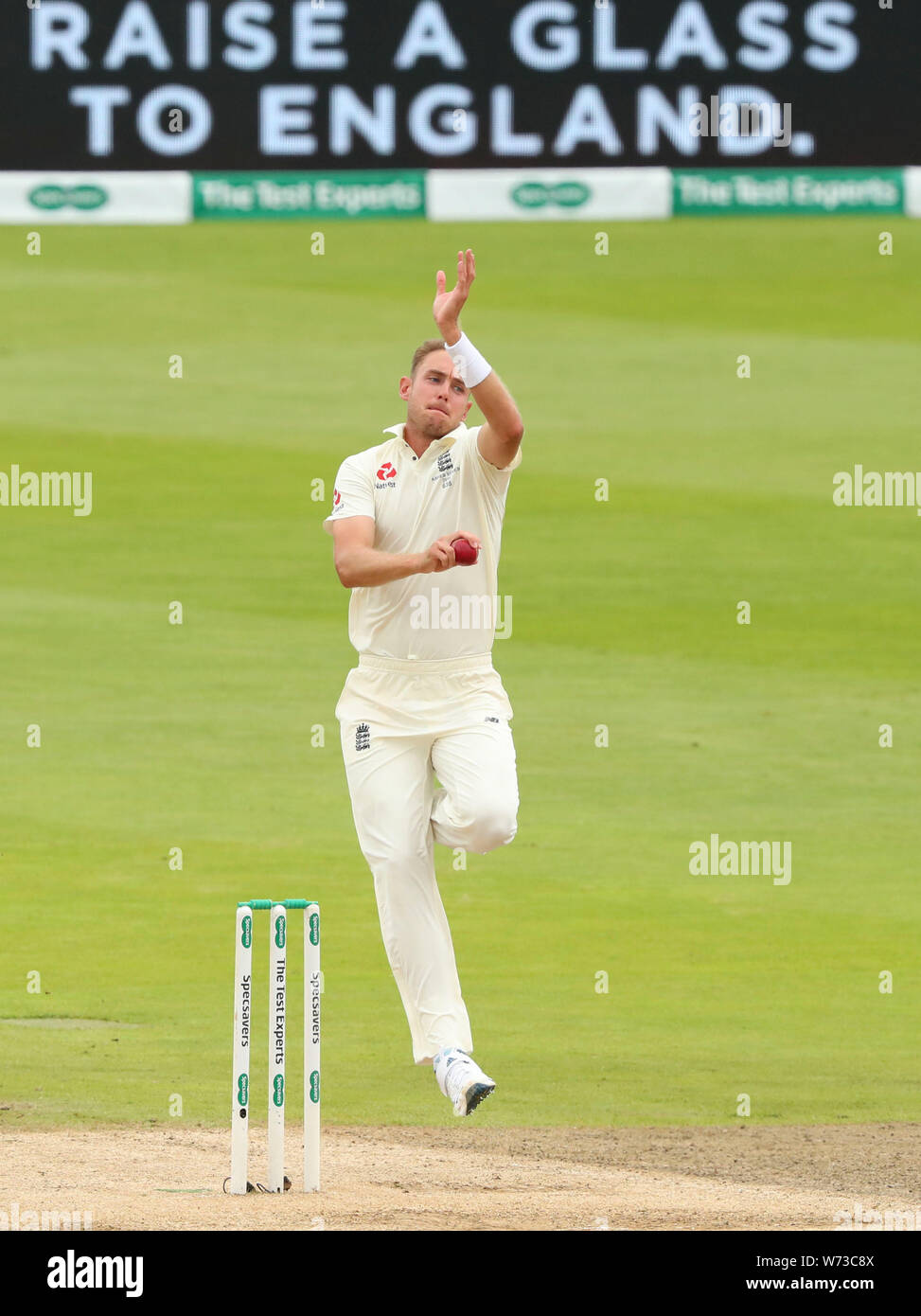 BIRMINGHAM, ENGLAND. 04 AUGUST 2019: Stuart Broad of England bowling during day 3 of the 1st Specsavers Ashes Test Match, at Edgbaston Cricket Ground, Birmingham, England. Stock Photo