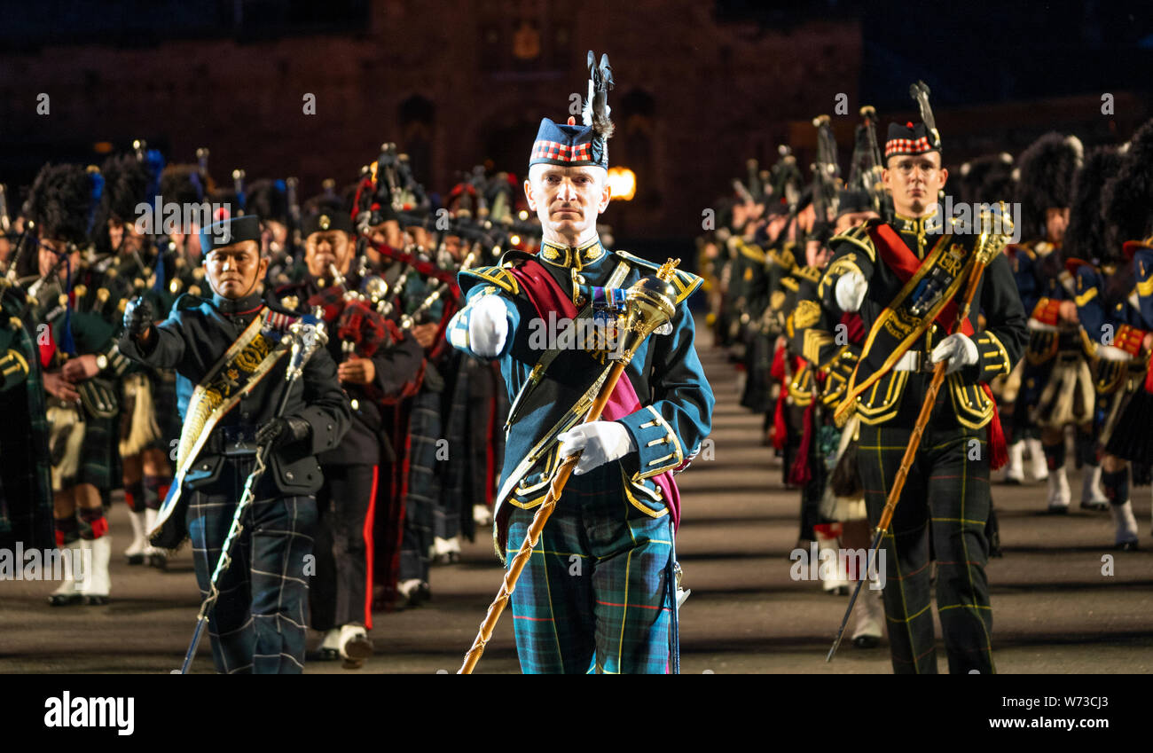 the 2019 Royal Edinburgh Military Tattoo, performed on the esplanade at Edinburgh Castle. The massed pipes and drums Stock Photo