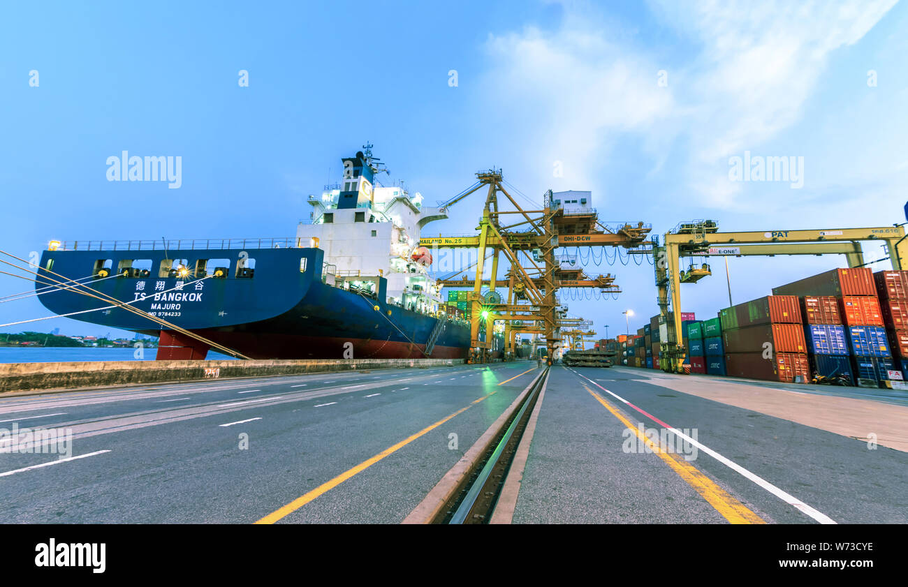 BANGKOK,THAILAND-May 19 2019 : Transportation of Container Cargo freight ship in Khlong Toei port authority of thailand (PAT)harbour. Tradewar , Logis Stock Photo