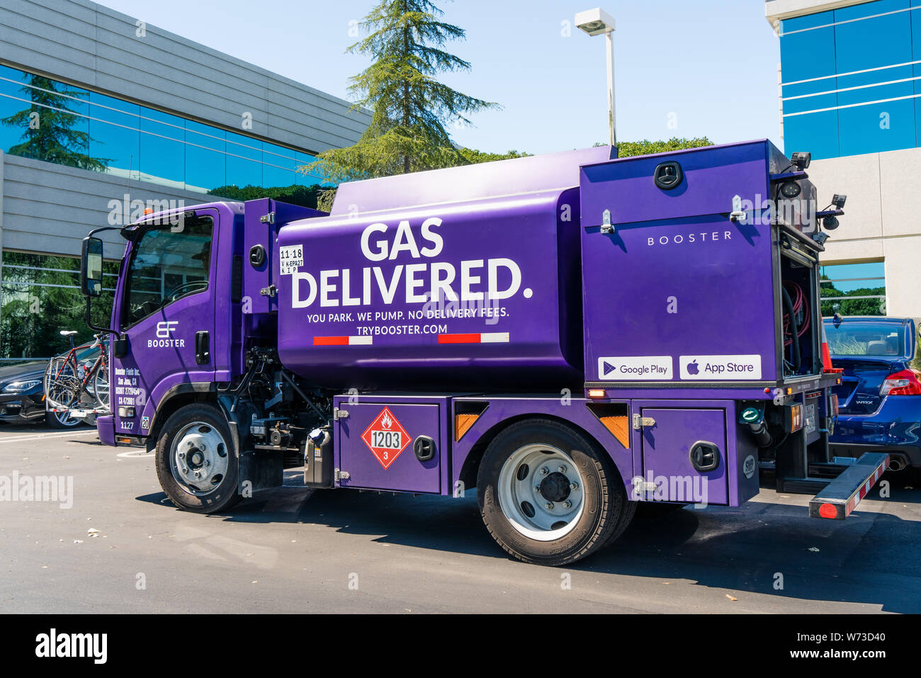 August 1, 2019 Redwood City / CA / USA - Booster Fuels Inc mini tank making deliveries in Silicon Valley; Booster is an on demand app-based service th Stock Photo